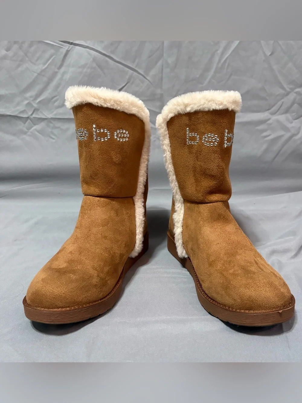 Bebe Lenina Faux Suede Faux Fur Lined Mid-Calf Boots Rhinestone Logo Y2K McBling